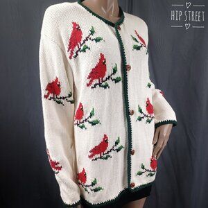 REY WEAR Cardinal Bird Hand Knitted Bolivia Cotton Long Cardigan Sweater XL